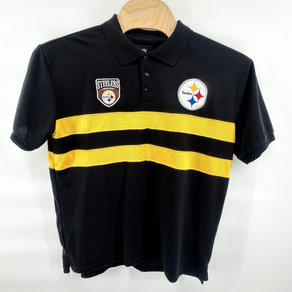 NFL Pittsburgh Steelers Polo Shirt Mens XL Black Gold Stripe Embroidered Patches